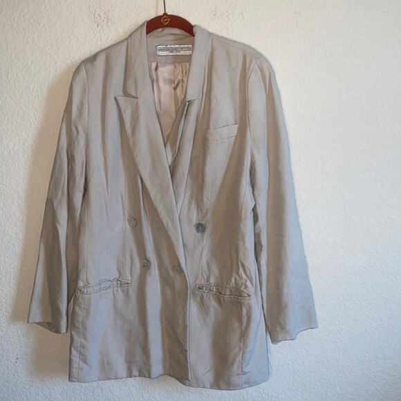 Amanda Smith 100% linen khaki long trench coat jacket blazer button lagen gorp - Picture 1 of 12
